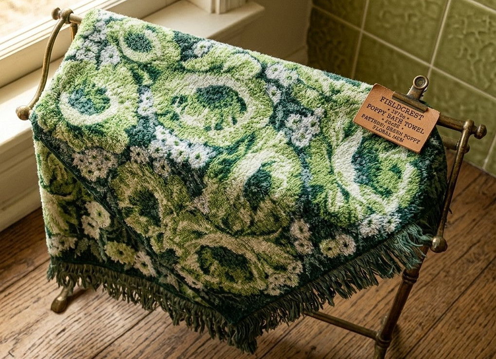 Vintage 1970s Fieldcrest Green Poppy Floral MCM Textured Fringe Bath Towel 26x52 Vintage 1970s Fieldcrest Green Poppy Floral MCM Textured Fringe Bath Towel 26x52