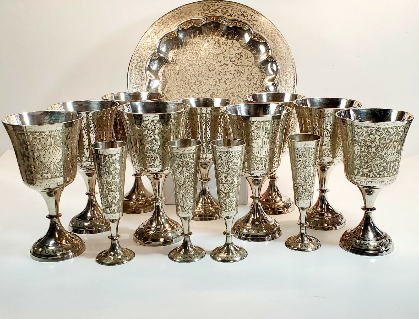 Exquisite Vintage Hand Chased Vintage Goblets, Cordials & Serving Tray c. 1970\'s