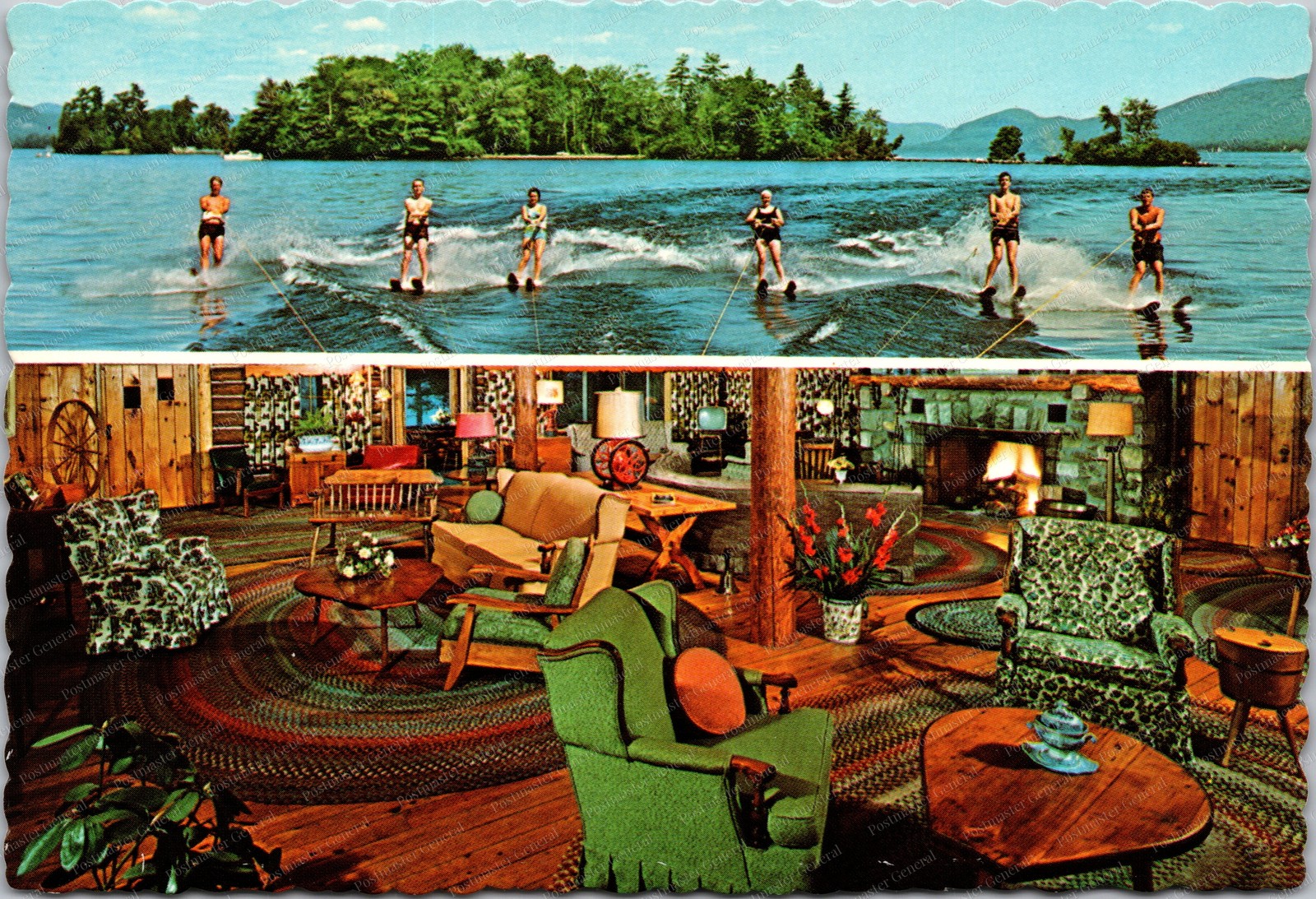 Lake George New York Water Skiers and Lodge Interior Continental Postcard C291 Lake George New York Water Skiers and Lodge Interior Continental Postcard C291