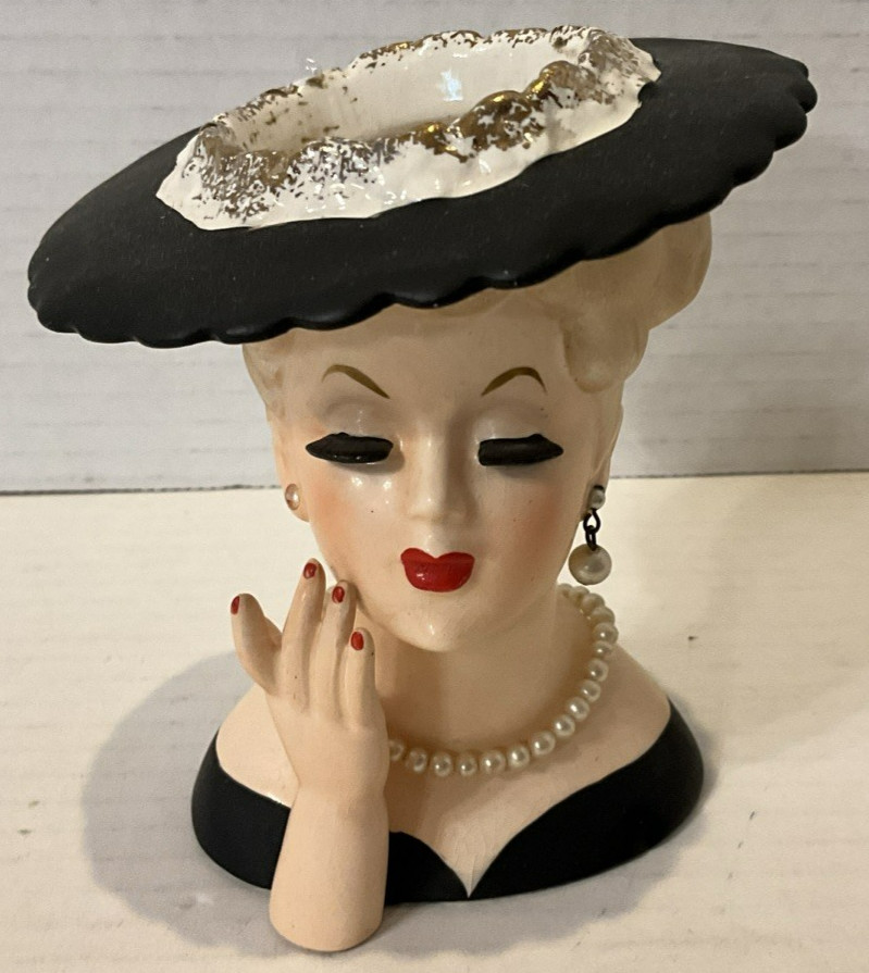 Vintage 1958 Napco C3343A Lady Head Vase Black Dress Repaired Damage