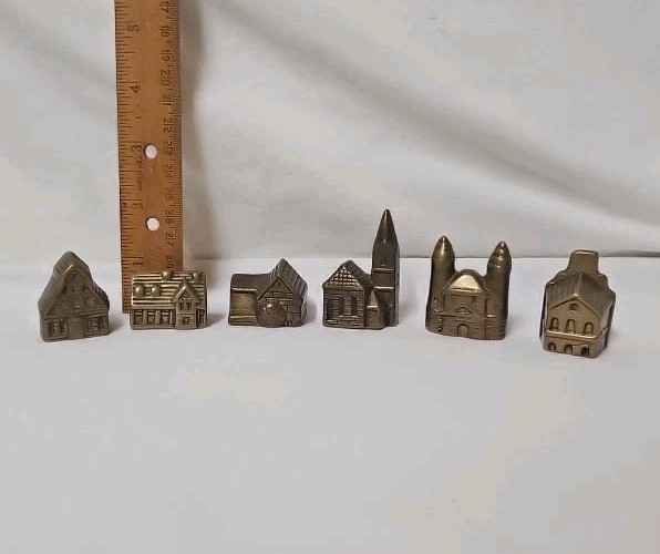 Vintage Set Of 6 Miniature Brass 'Old Mill' Buildings Figurines Houses. T-185 Vintage Set Of 6 Miniature Brass 'Old Mill' Buildings Figurines Houses. T-185