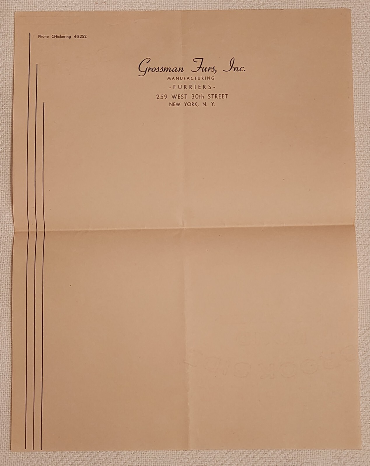 Vintage 1930's Salesman Letterhead Watermarked Paper Grossman Furs NY Furriers 