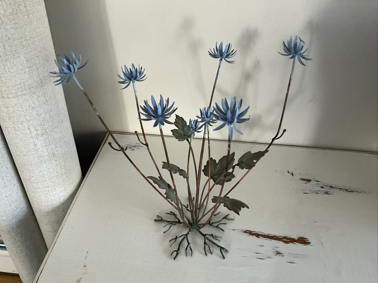 MCM VINTAGE Copper And Brass sculpture of blue thistle flowers on wire stems. MCM VINTAGE Copper And Brass sculpture of blue thistle flowers on wire stems.