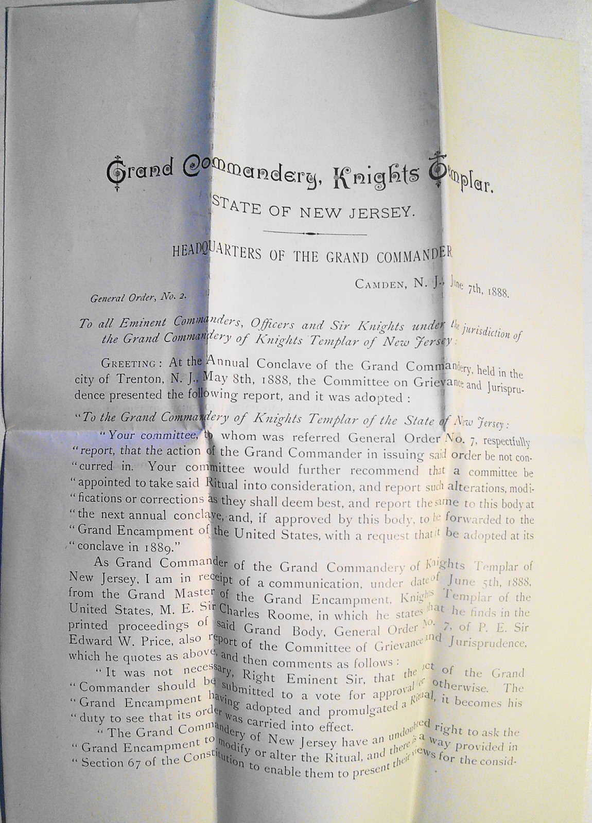 1888 NJ Knights Templar Grand Commandery 2-Page Letter St Louis Ritual Rebellion 1888 NJ Knights Templar Grand Commandery 2-Page Letter St Louis Ritual Rebellion