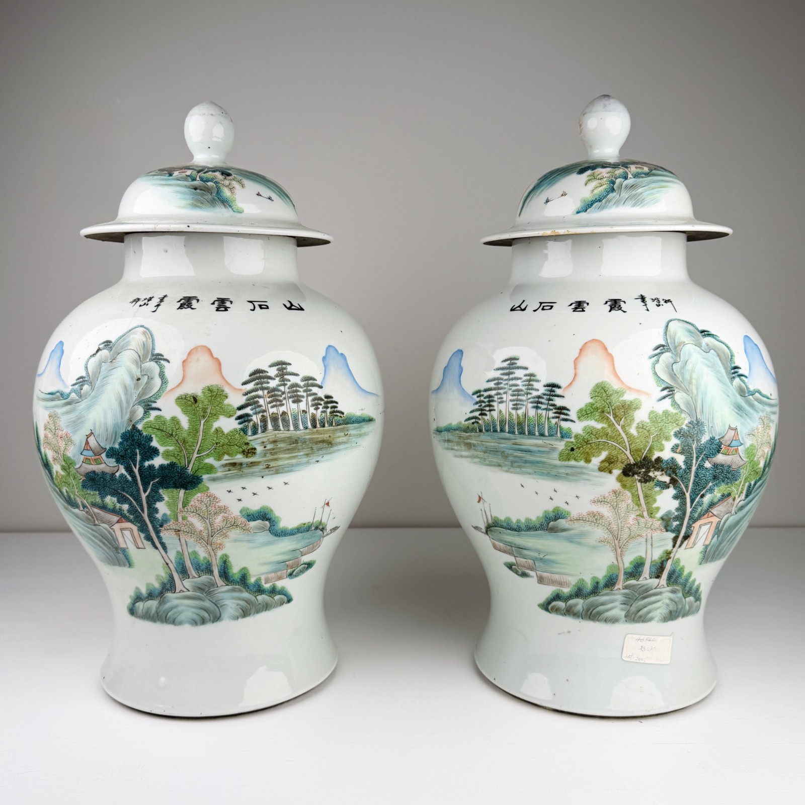 Pair Chinese Republic Period Covered Temple Jars Famille Verte Landscape 19 Pair Chinese Republic Period Covered Temple Jars Famille Verte Landscape 19