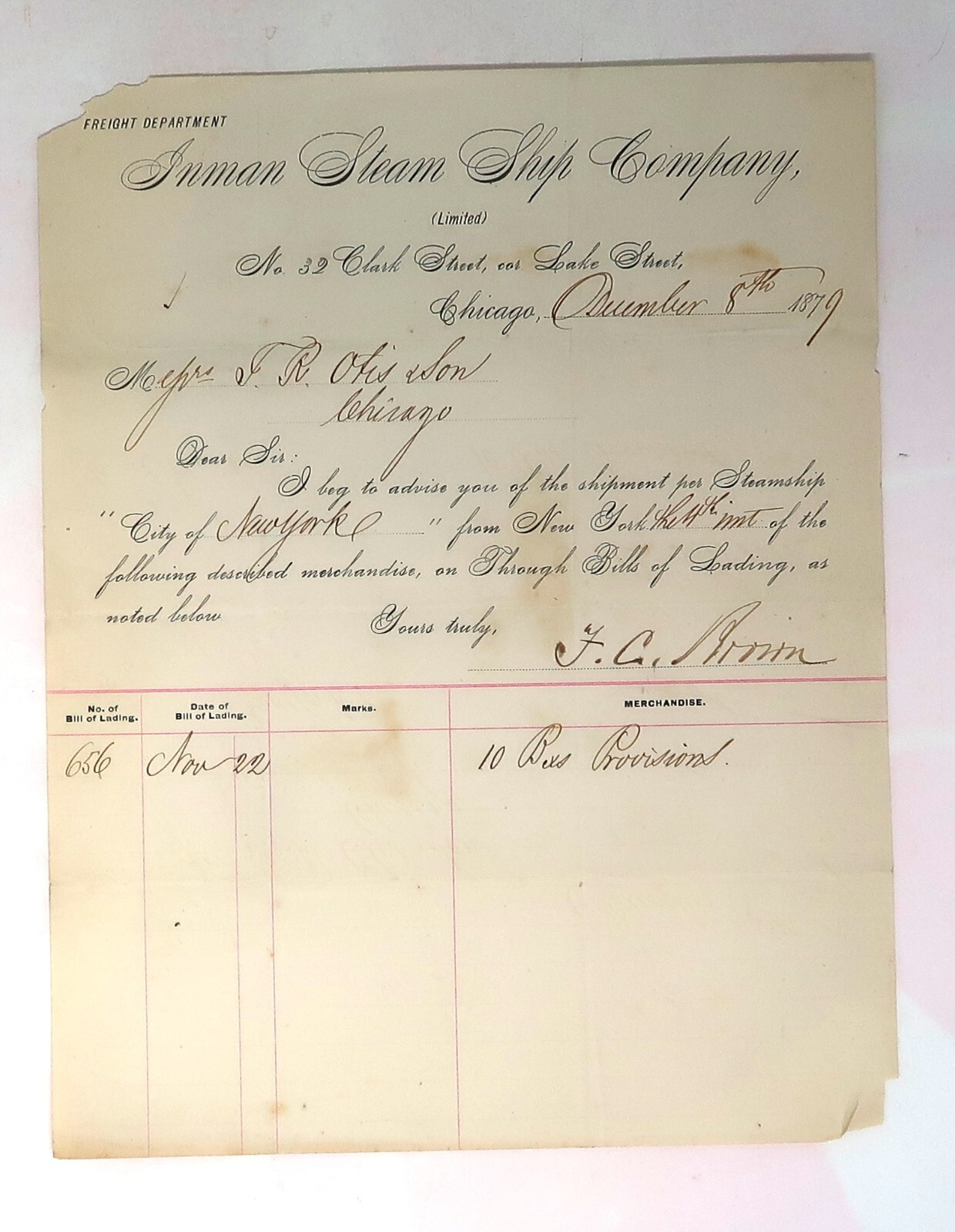 Antique 1879 Bill Head Ephemera, Inman Steam Ship Co. British Steamship Antique 1879 Bill Head Ephemera, Inman Steam Ship Co. British Steamship