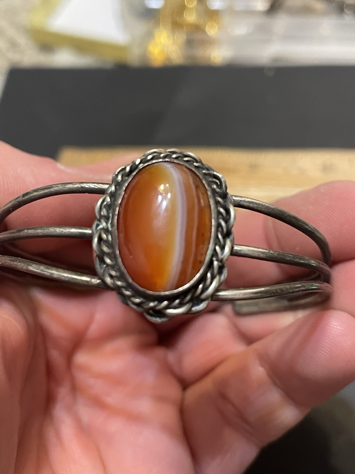 Vintage Southwestern Agate Sterling Silver Bracelet Cuff Banded 14.95g