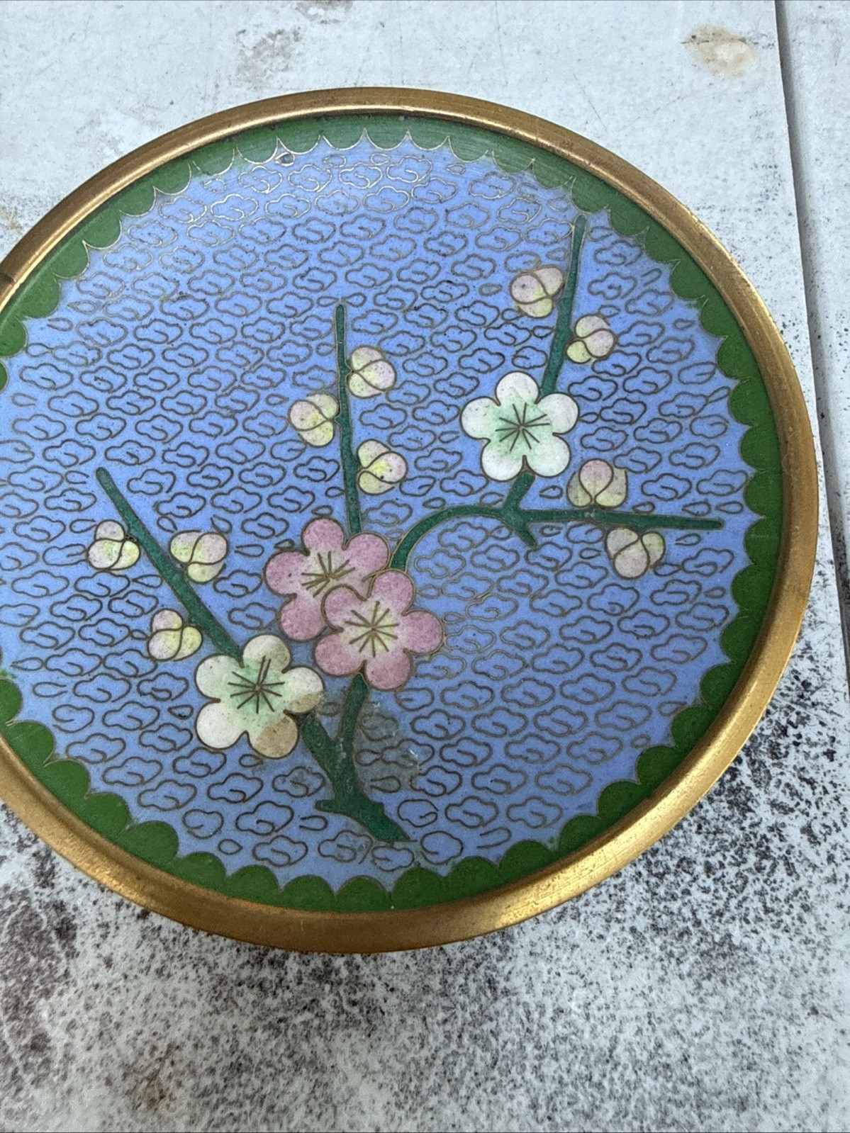 Cloisonné Trinket Dish China 4.2” Brass Blue Cherry Flowers Cloisonné Trinket Dish China 4.2” Brass Blue Cherry Flowers
