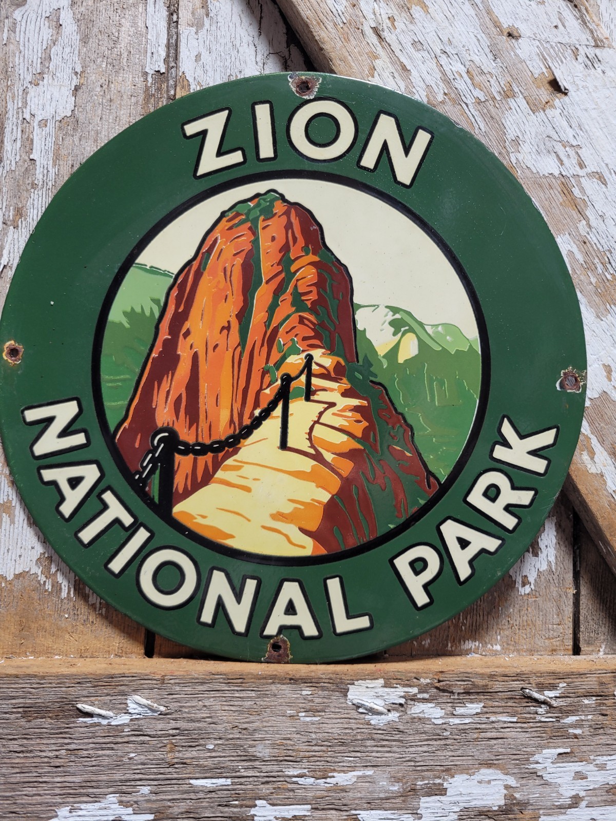 VINTAGE ZION NATIONAL PARK PORCELAIN SIGN RARE OLD UTAH HIKING ANGELS LANDING