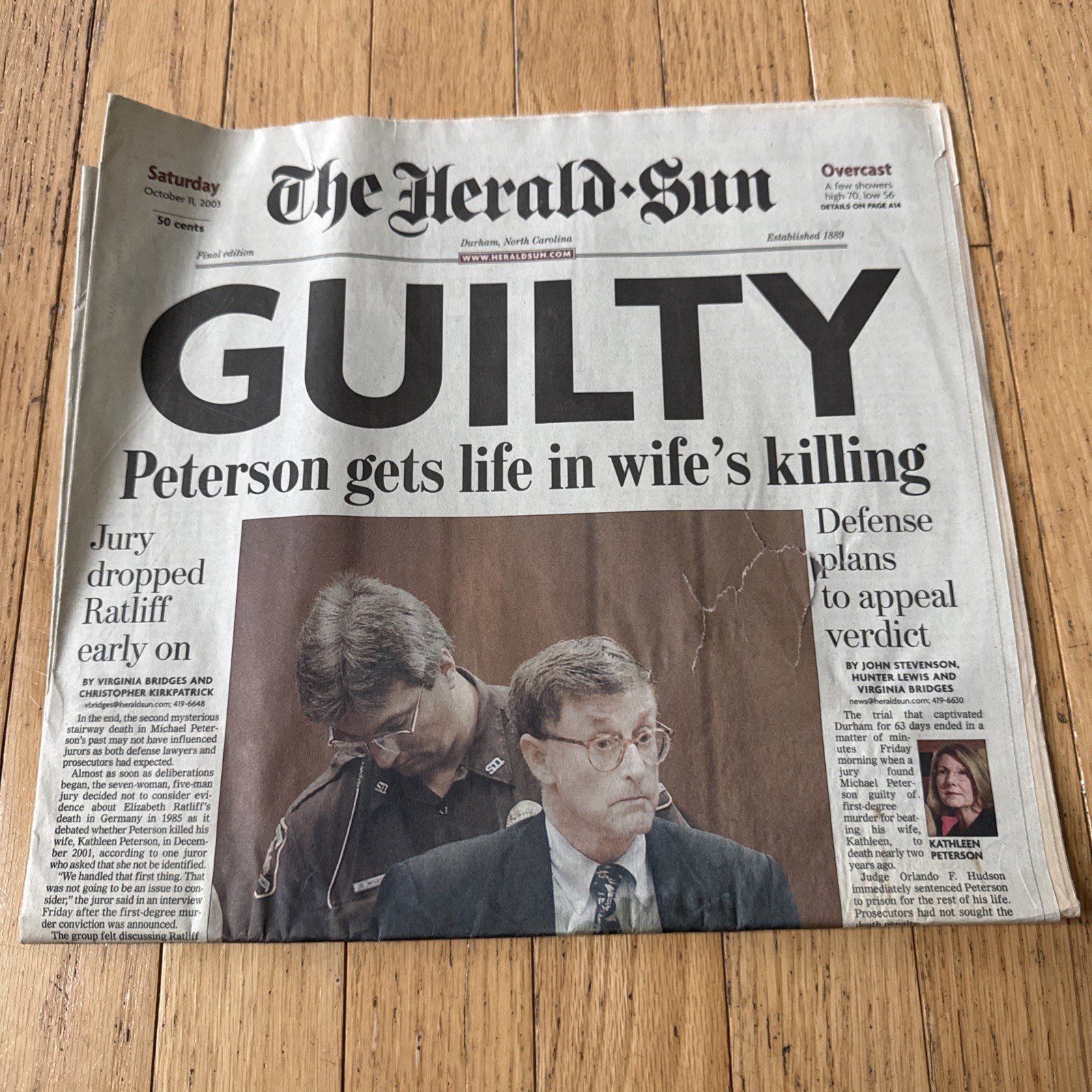 The Herald Sun October 11th 2003 Newspaper Michael Peterson Guilty Verdict The Herald Sun October 11th 2003 Newspaper Michael Peterson Guilty Verdict