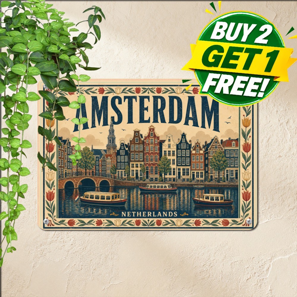 Amsterdam Canal Houses Cityscape Sign Vintage Dutch Flower Metal Tin Plaque