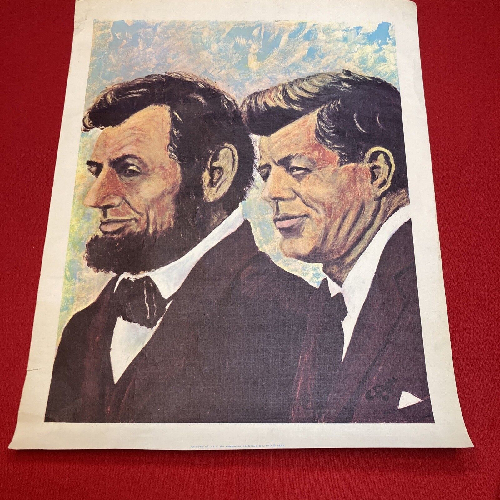 Poster Print Of Presidents Lincoln And Kennedy 1964.  Very Rare. 20 X 16”.