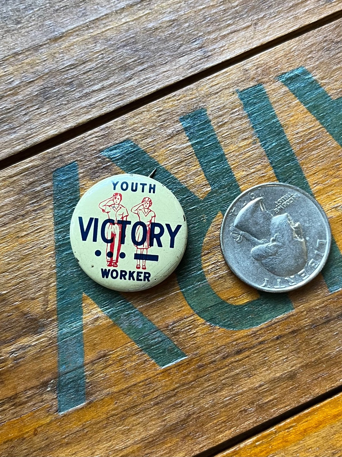 Vintage WWII Era Youth Victory Worker Pinback Button Trades Council Patriotic