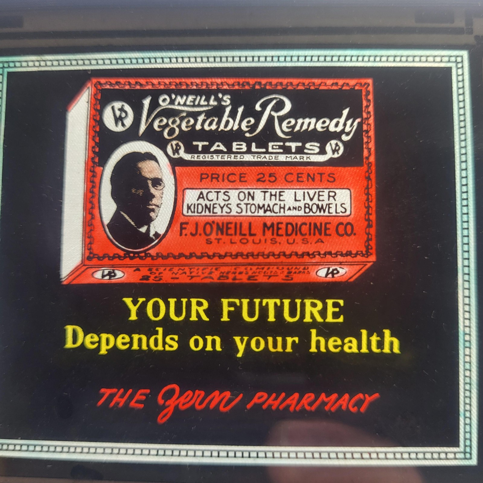Vintage O'Neill's Vegetable Remedy Tablets Magic Lantern Glass Ad Slide St Louis