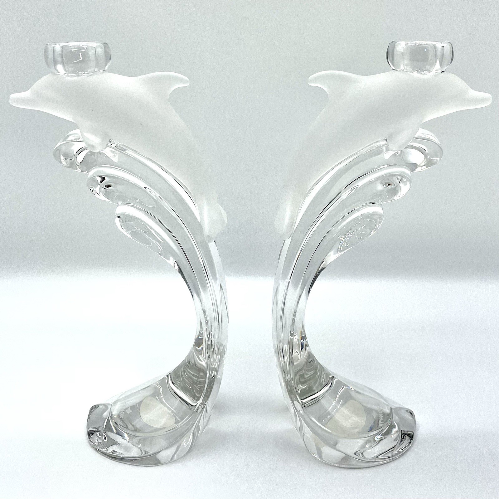 VTG Lenox Crystal Candlestick Holder Set Dolphins Leaping Waves; Made In Germany