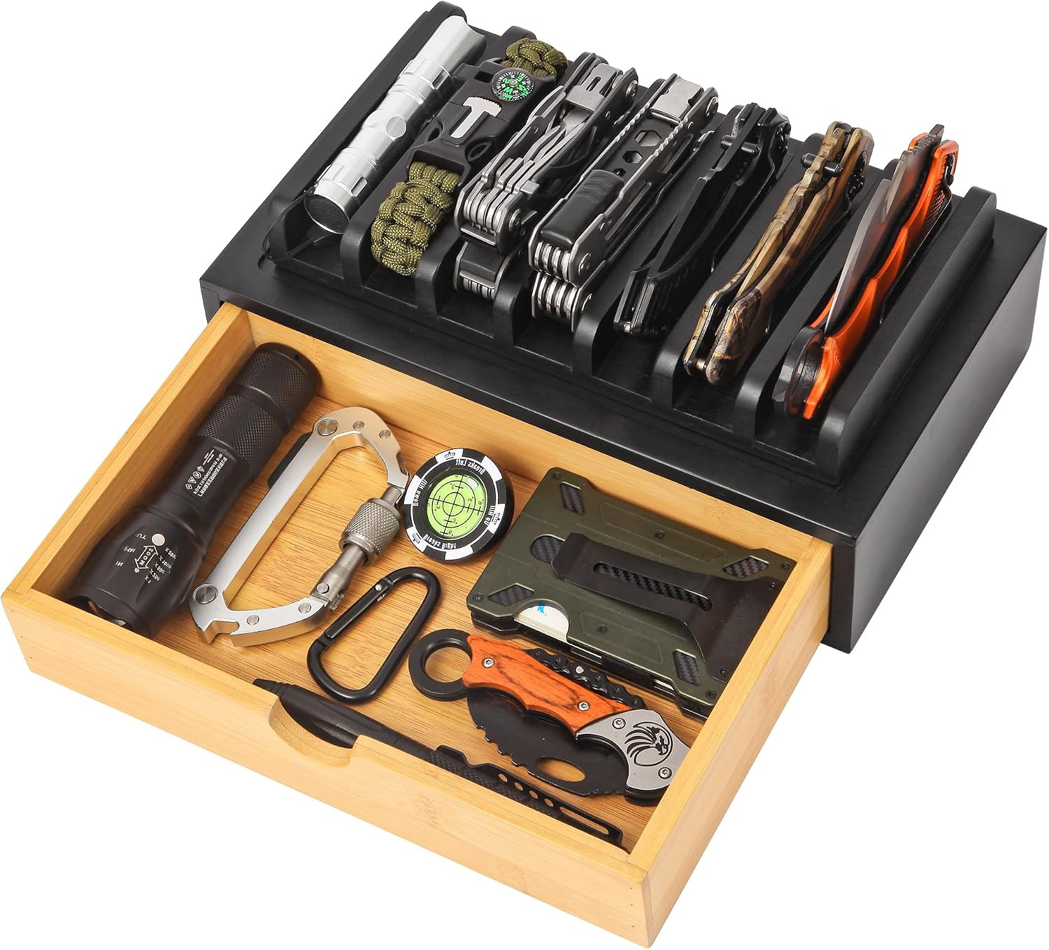 Pocket Knife Display Case, EDC Knife Rack with Wood Drawer