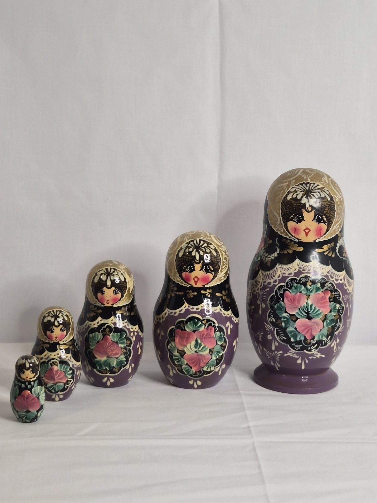 ​Vtg 1994 Russian Nesting Dolls Matryoshka 5pc Sergiyev Posad Signed Purple 7\