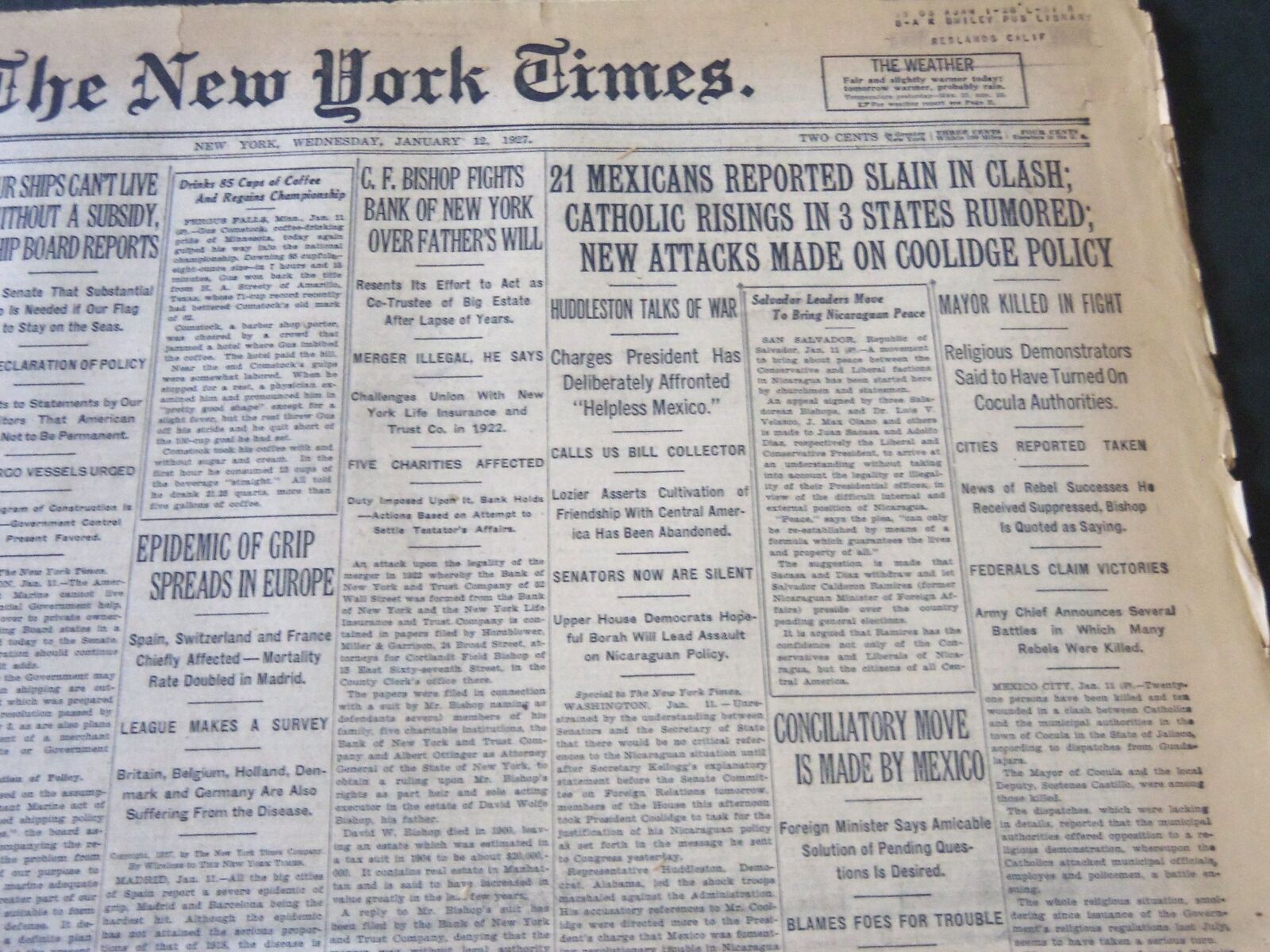1927 JANUARY 12 NEW YORK TIMES - 21 MEXICANS REPORTED SLAIN IN CLASH - NT 6387