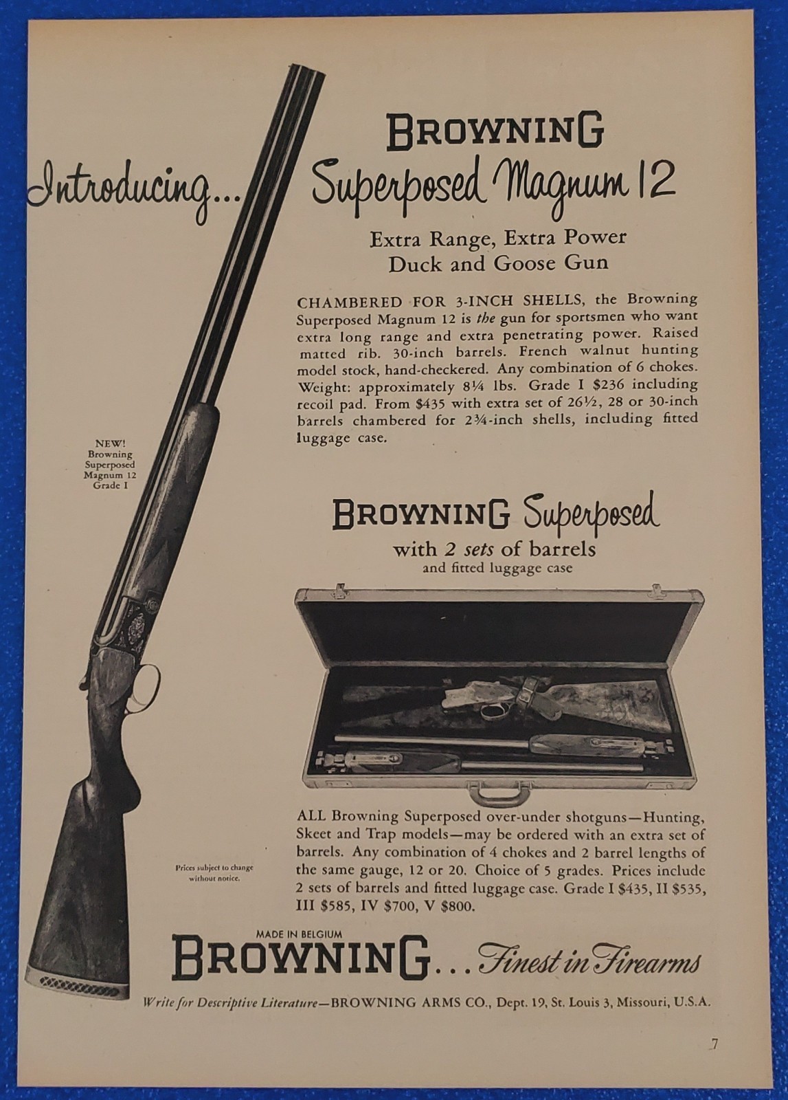 1954 BROWNING SUPERPOSED MAGNUM 12 SHOTGUN FOR DUCK/GOOSE HUNT VINTAGE PRINT AD