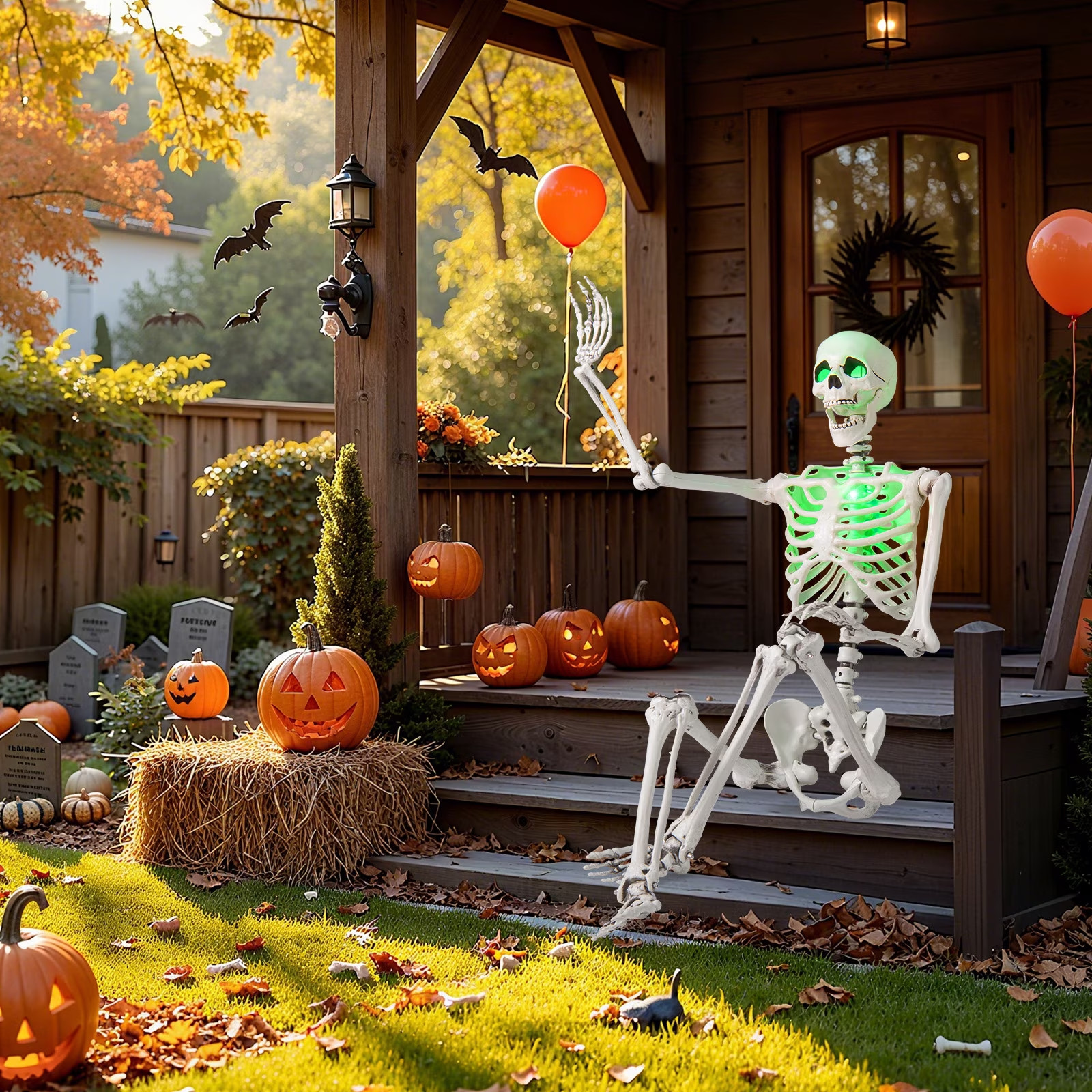 5.5 FT Poseable Halloween Skeleton Life-Size Decoration with Built-In Lights Gre 5.5 FT Poseable Halloween Skeleton Life-Size Decoration with Built-In Lights Gre
