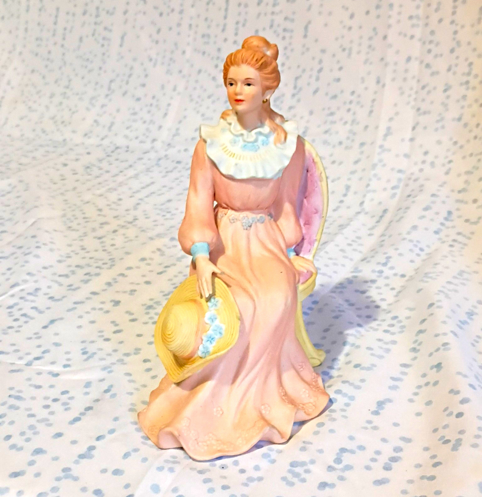 Victorian Style Ceramic Lady Woman Figurine Seated Pink Dress Holding Hat Victorian Style Ceramic Lady Woman Figurine Seated Pink Dress Holding Hat