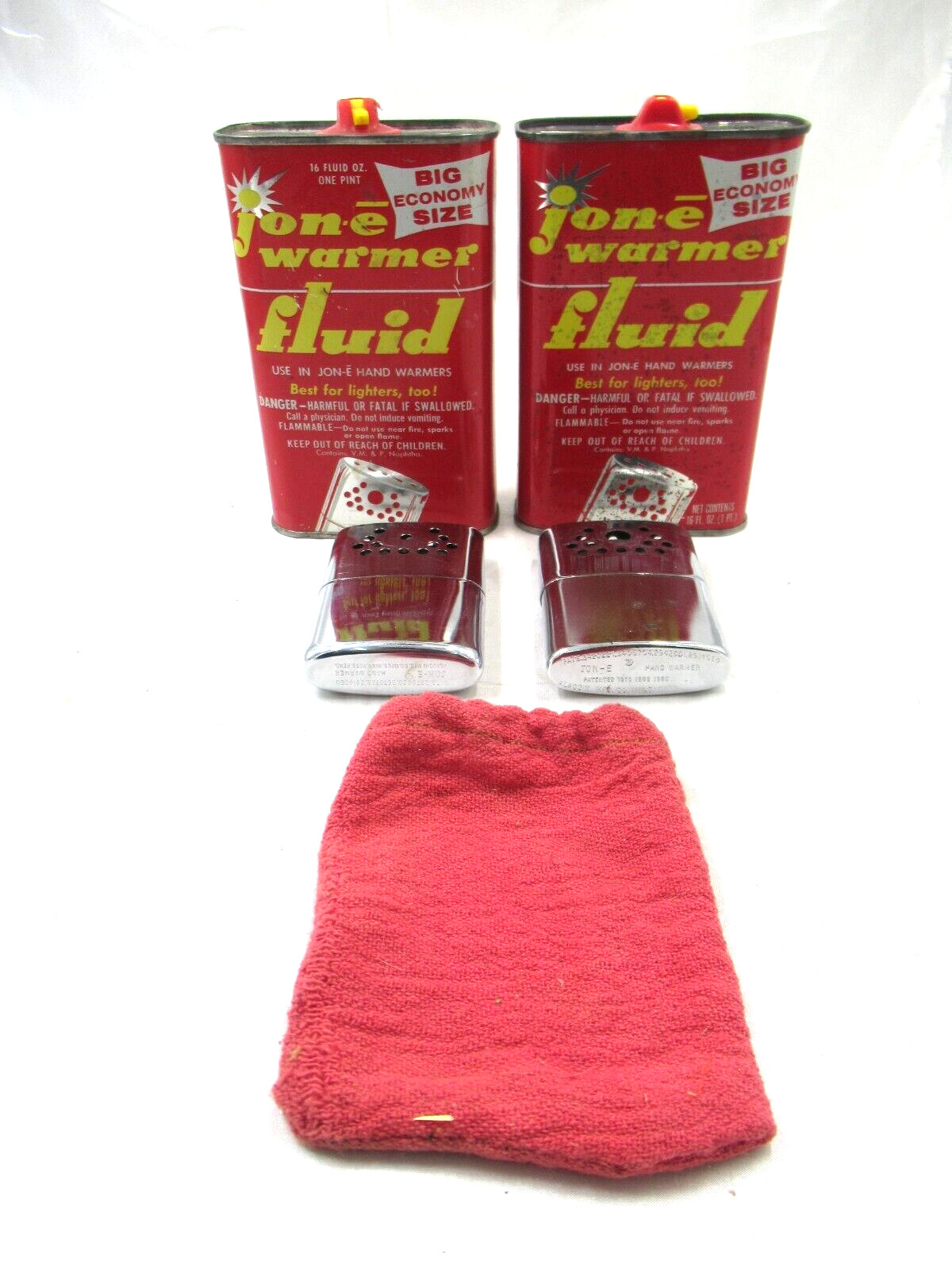 Vintage Hand Warmers & Fluid Tins 16 oz. Jon-E One Pair 1960's Vintage Hand Warmers & Fluid Tins 16 oz. Jon-E One Pair 1960's