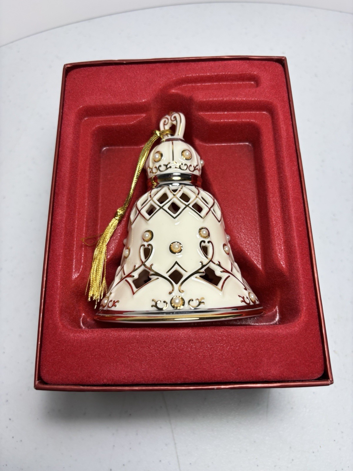 Vintage Lenox NIB Florentine & Pearl Bell Ornament w/24k Gold Trim