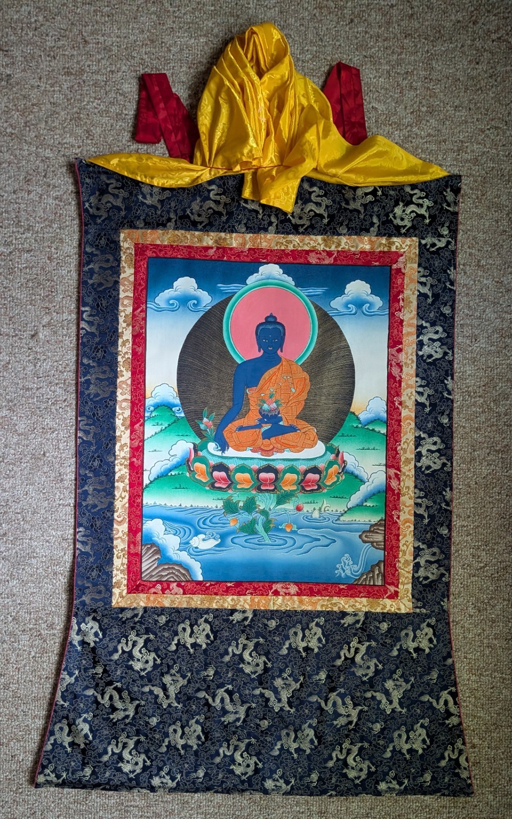 Tibetan Thangka Medicine Buddha - 24k Gold Leaf Hand Painted Silk Brocade