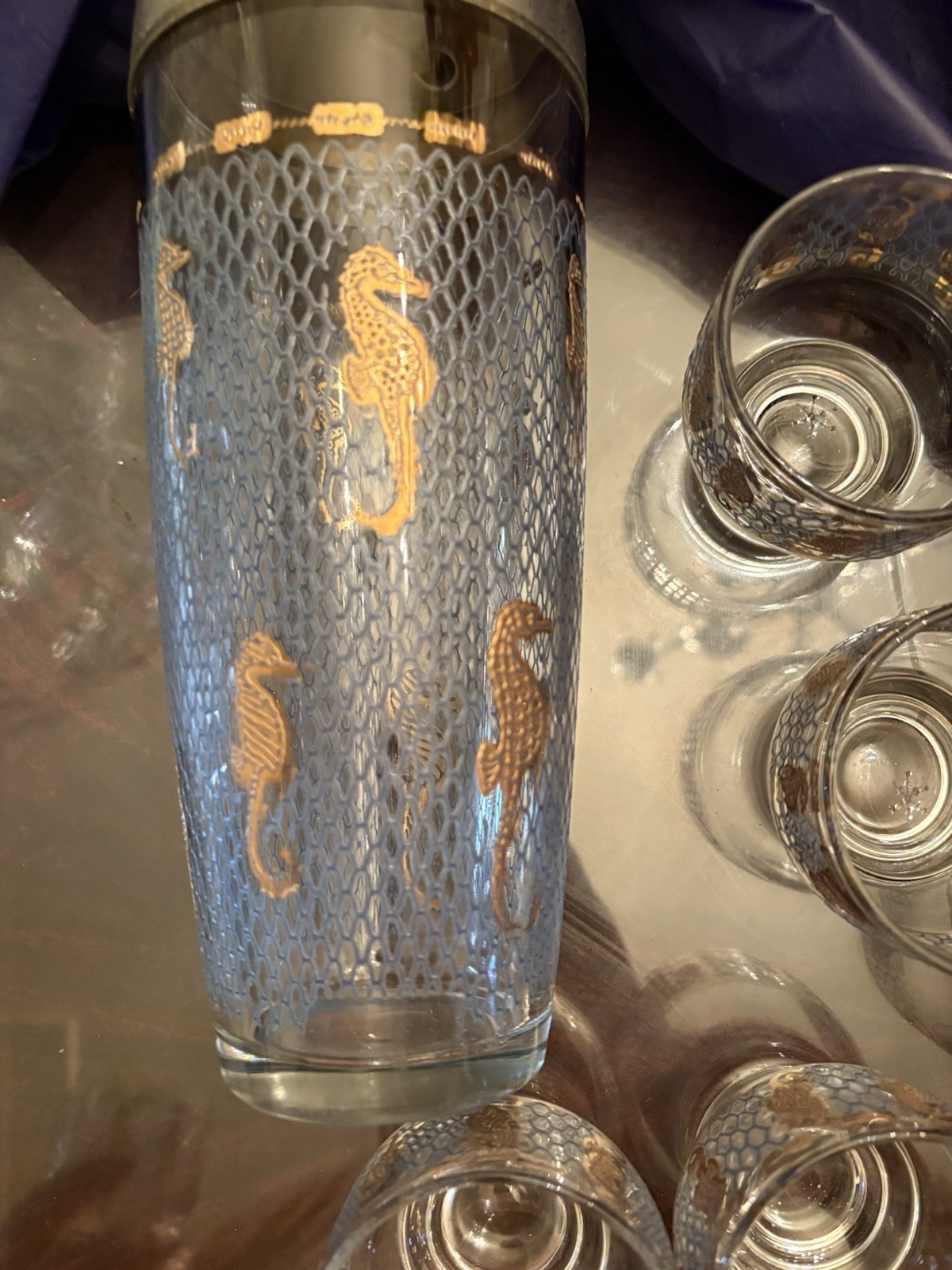 Rare Vintage Culver Gold Seahorse Cocktail with Shaker Barware Set  Of 6 Glass