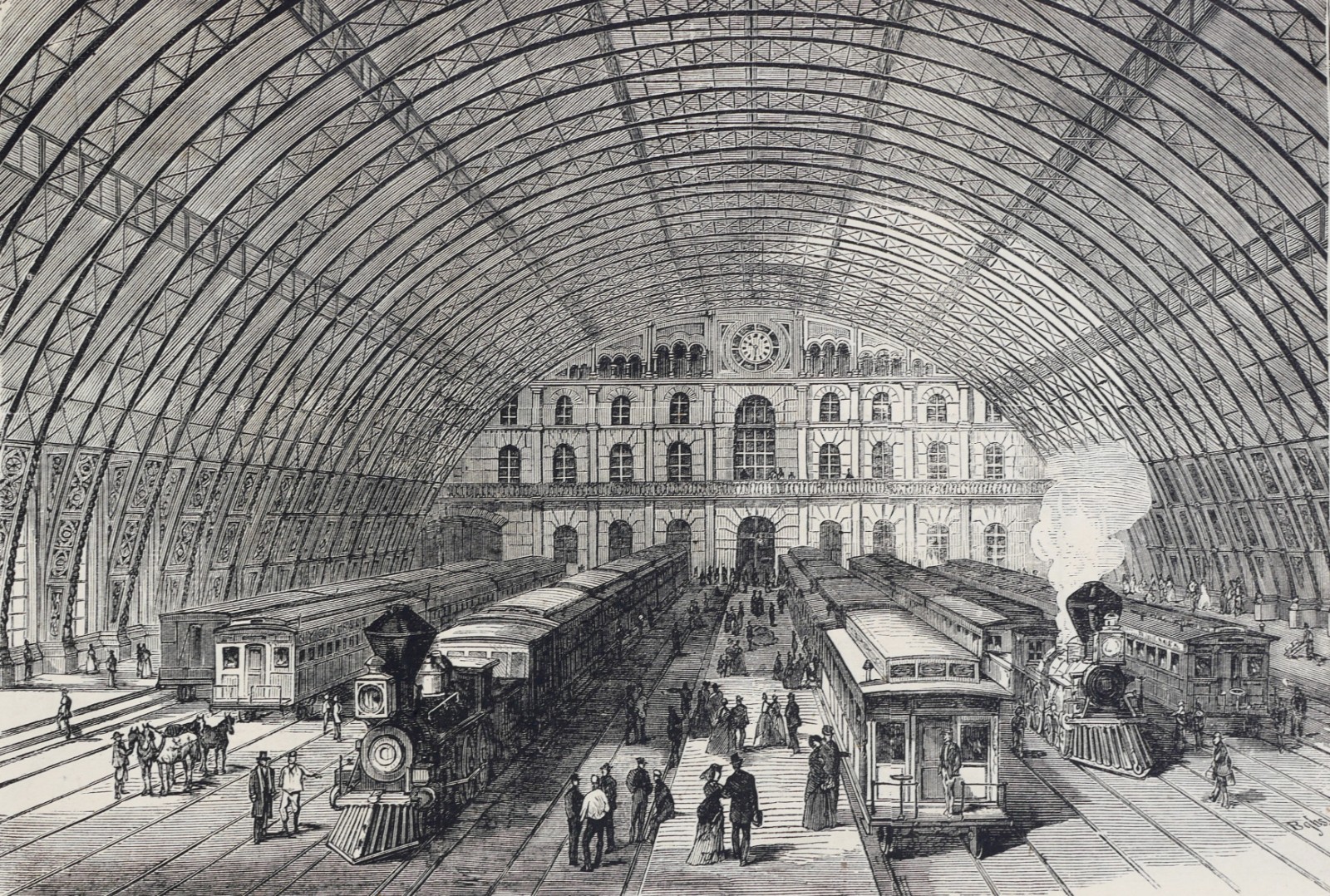 1876 Grand Central Depot NYC Railroad Engraving – Fourth Ave Tunnel