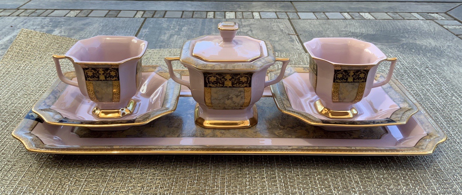 Vintage H&C Original Rosa Porzellan Czech Pink Gold Tea Set Tray Hand Painted Vintage H&C Original Rosa Porzellan Czech Pink Gold Tea Set Tray Hand Painted