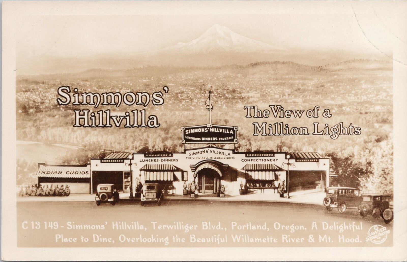 RPPC Portland OR Advertising Roadside Simmons Hillvilla Indian Curios Diner 1930 RPPC Portland OR Advertising Roadside Simmons Hillvilla Indian Curios Diner 1930