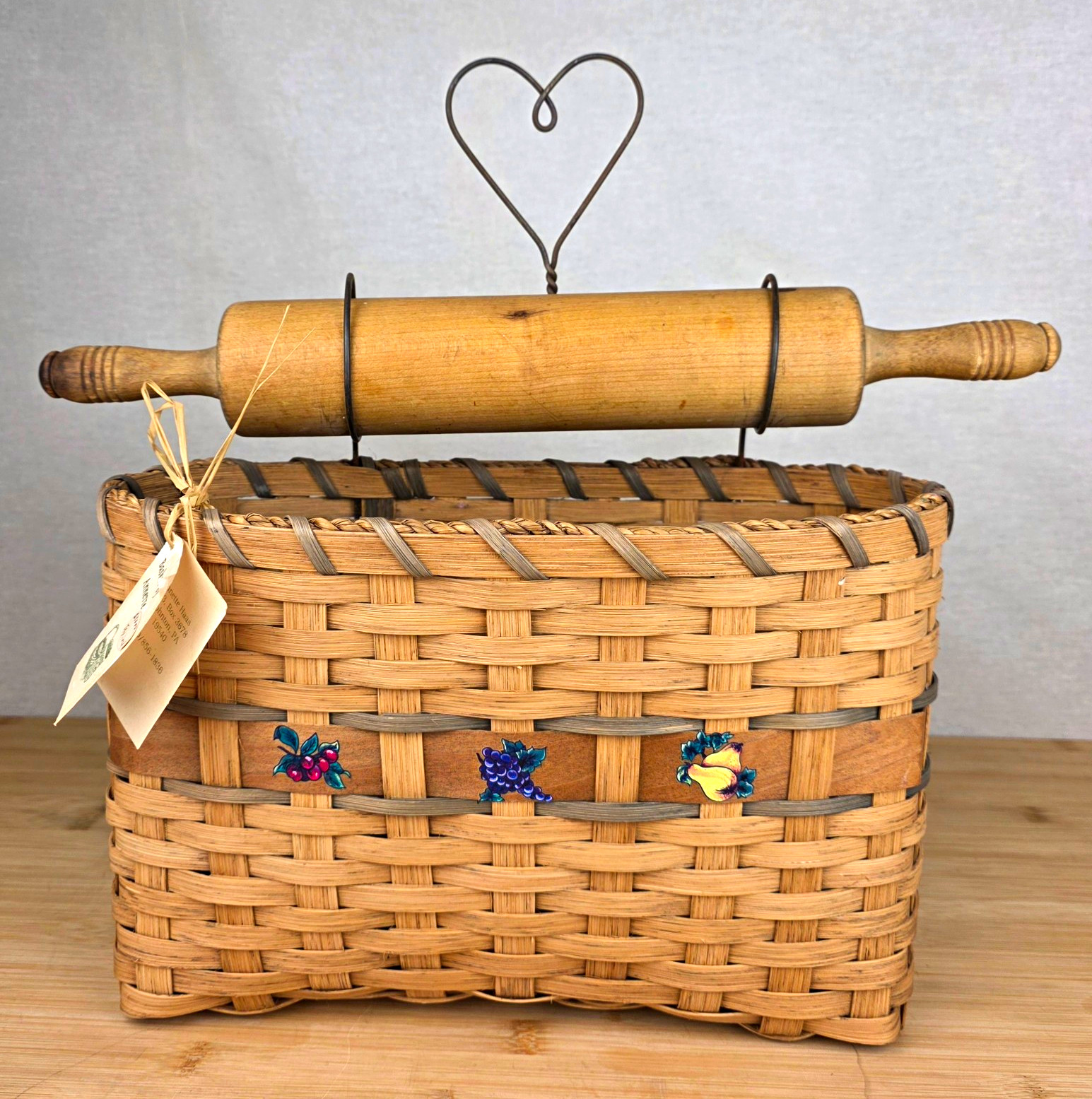 Vintage 1996 Annette Haas Signed Baker\'s Basket Rolling Pin Heart PA Folk Art