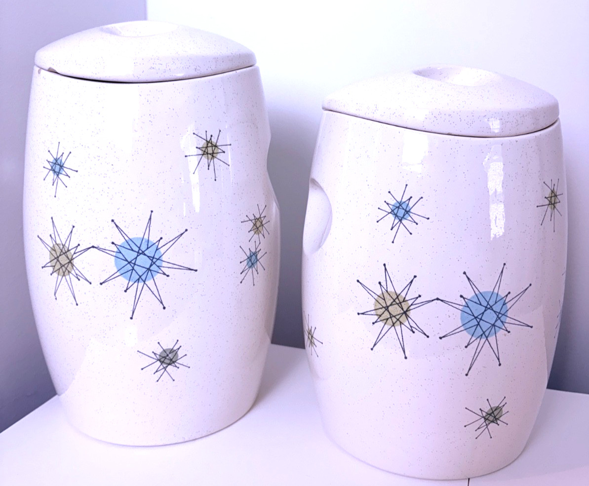 Two (2) Vintage Franciscan Atomic Starburst Large Canisters w/ Lid MCM Two (2) Vintage Franciscan Atomic Starburst Large Canisters w/ Lid MCM