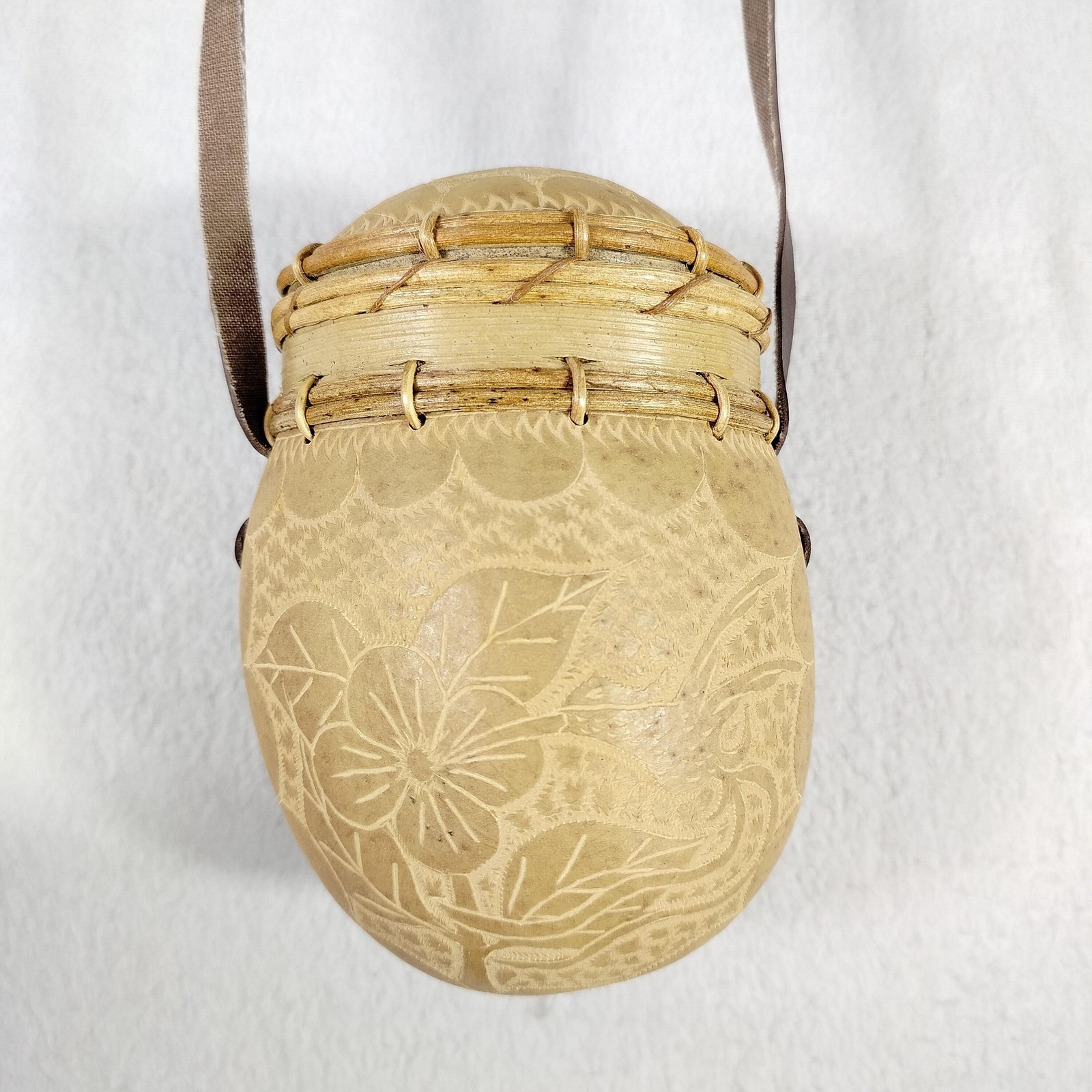 Vintage Handcrafted Gourd Basket Purse Crossbody Etched Floral Tribal Unique Bag