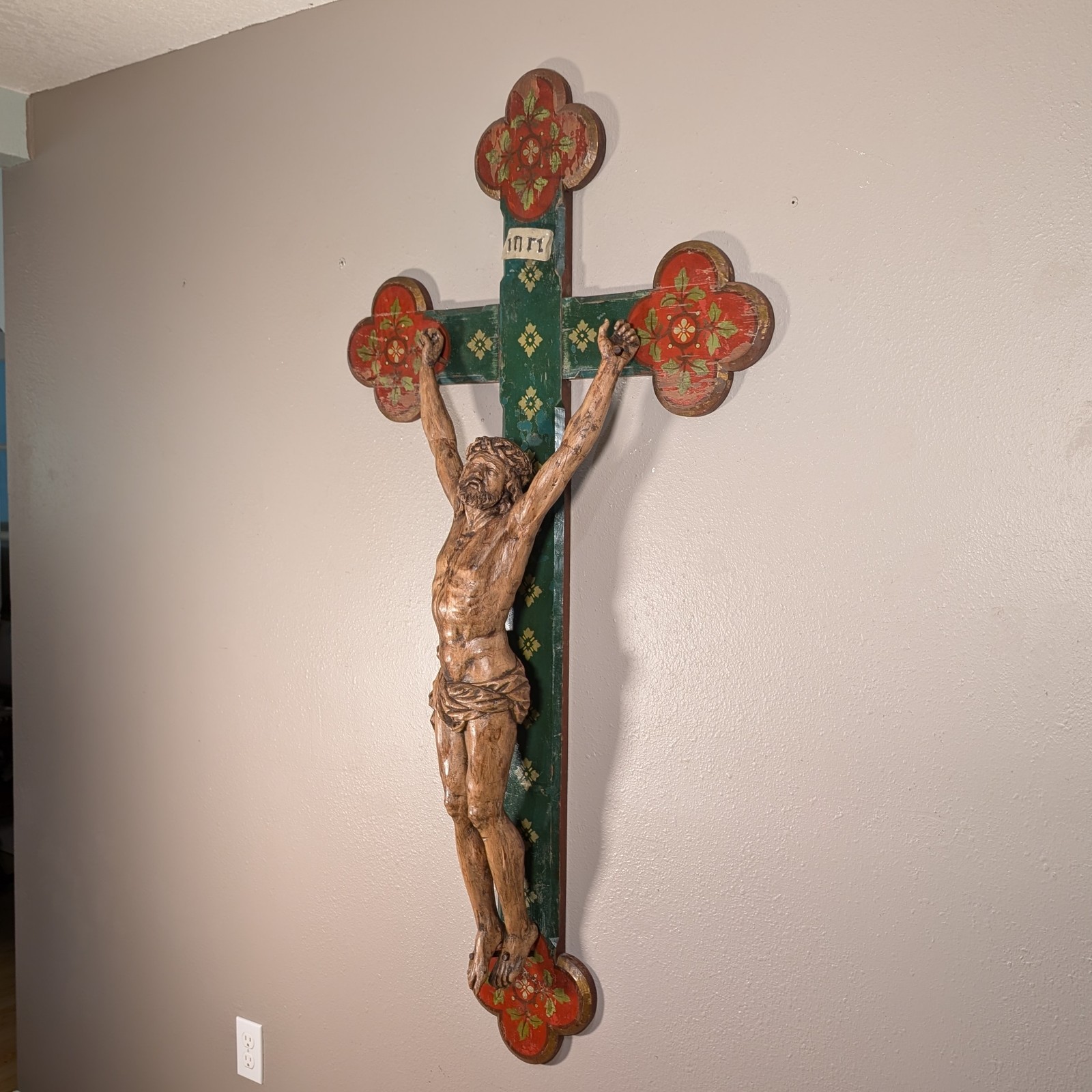 Antique French Painted Wood Crucifix Carved Jesus Corpus Quatrefoil Cross 60\
