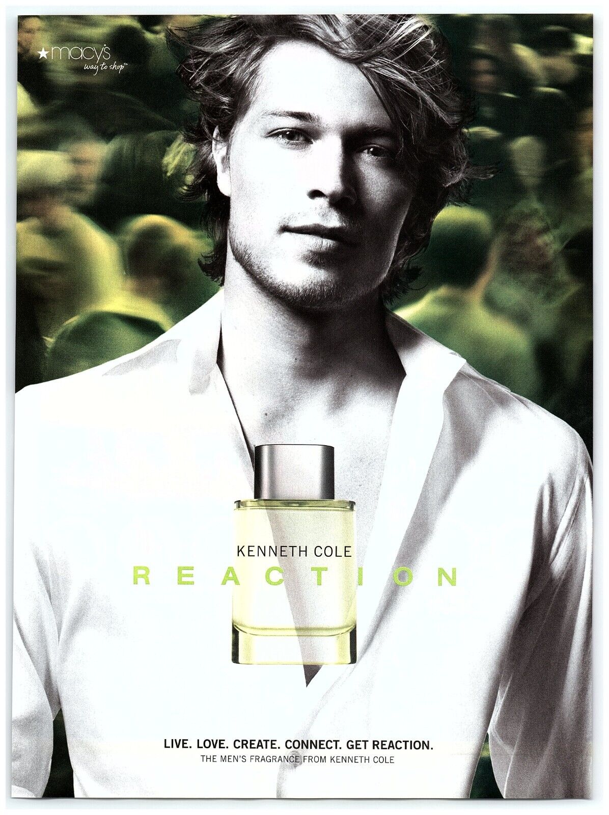 2007 Kenneth Cole Print Ad, Reaction Fragrance Hot Male Model Live Love Create 