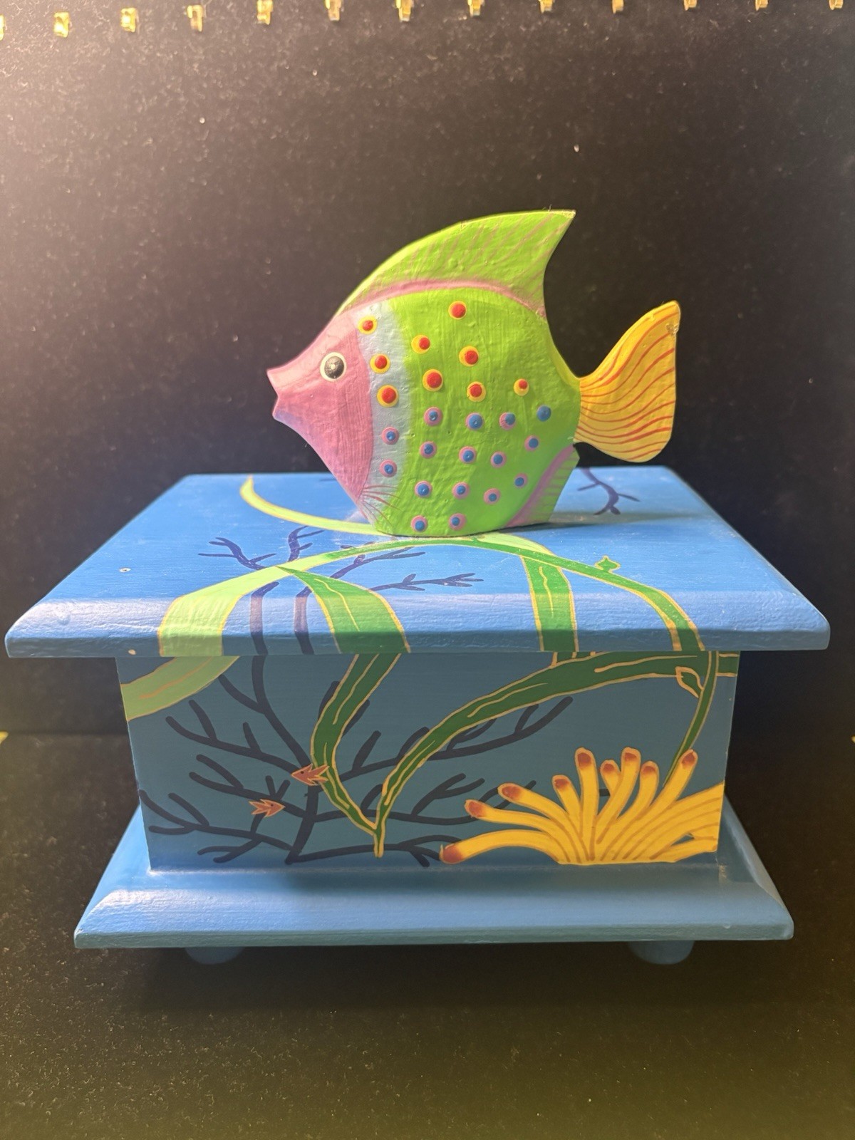 Vintage Hand Painted Wooden Fish Trinket Box Folk Art Coastal Decor Beach House