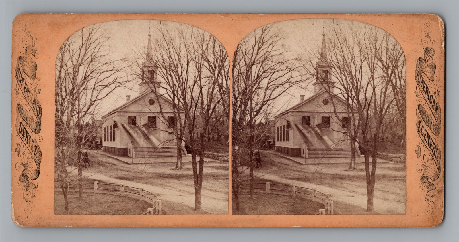 Antique c. 1870s Real Photo Stereoview Card - New England Church & Spire, Sepia Antique c. 1870s Real Photo Stereoview Card - New England Church & Spire, Sepia