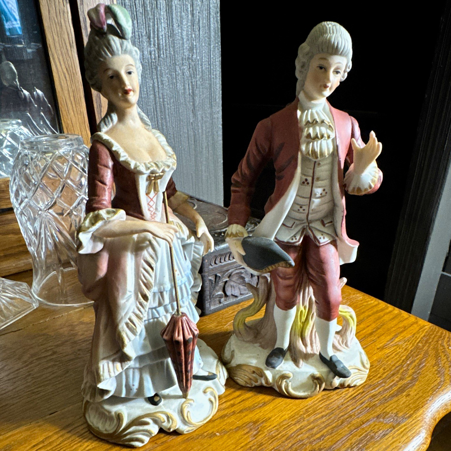 Royal Crown Porcelain Rococo Victorian Couple Figurines, Painted Glossy, 2pc