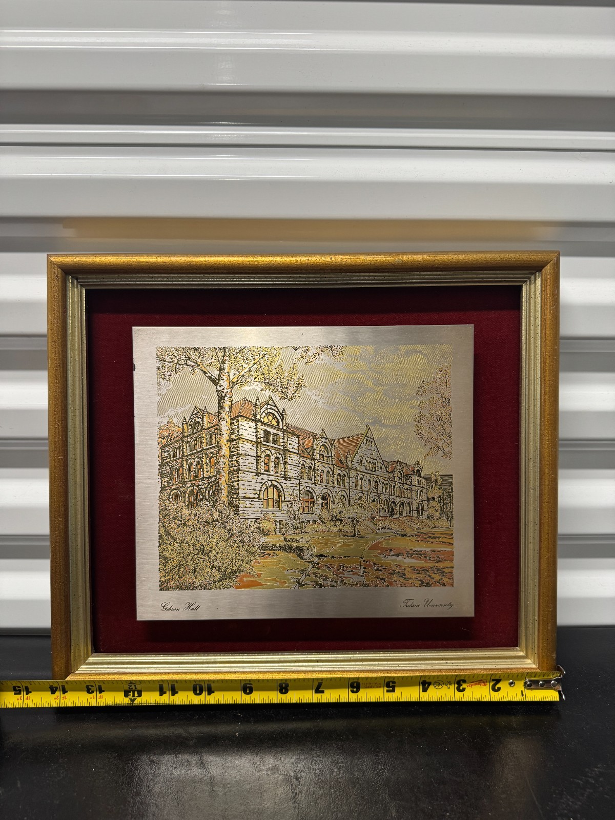Tulane University Gibson Hall Gold Silver Etched Metal Framed Art