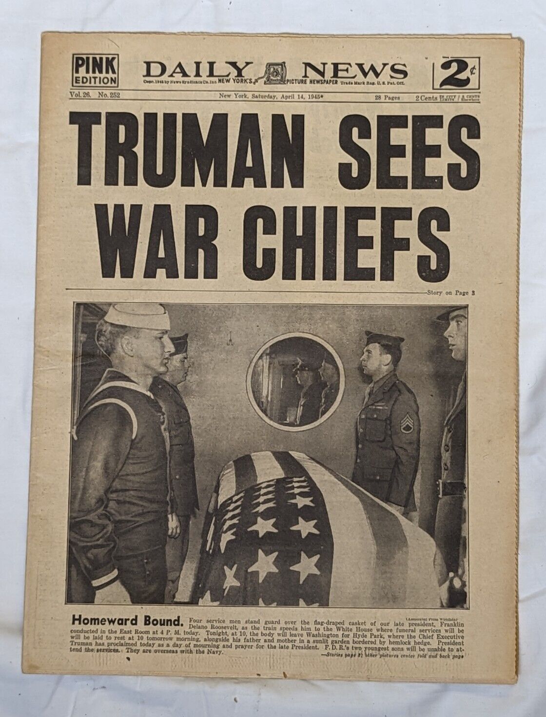 NY Daily News April 14th 1945 Harry Truman Sees War Chiefs Roosevelt Coffin