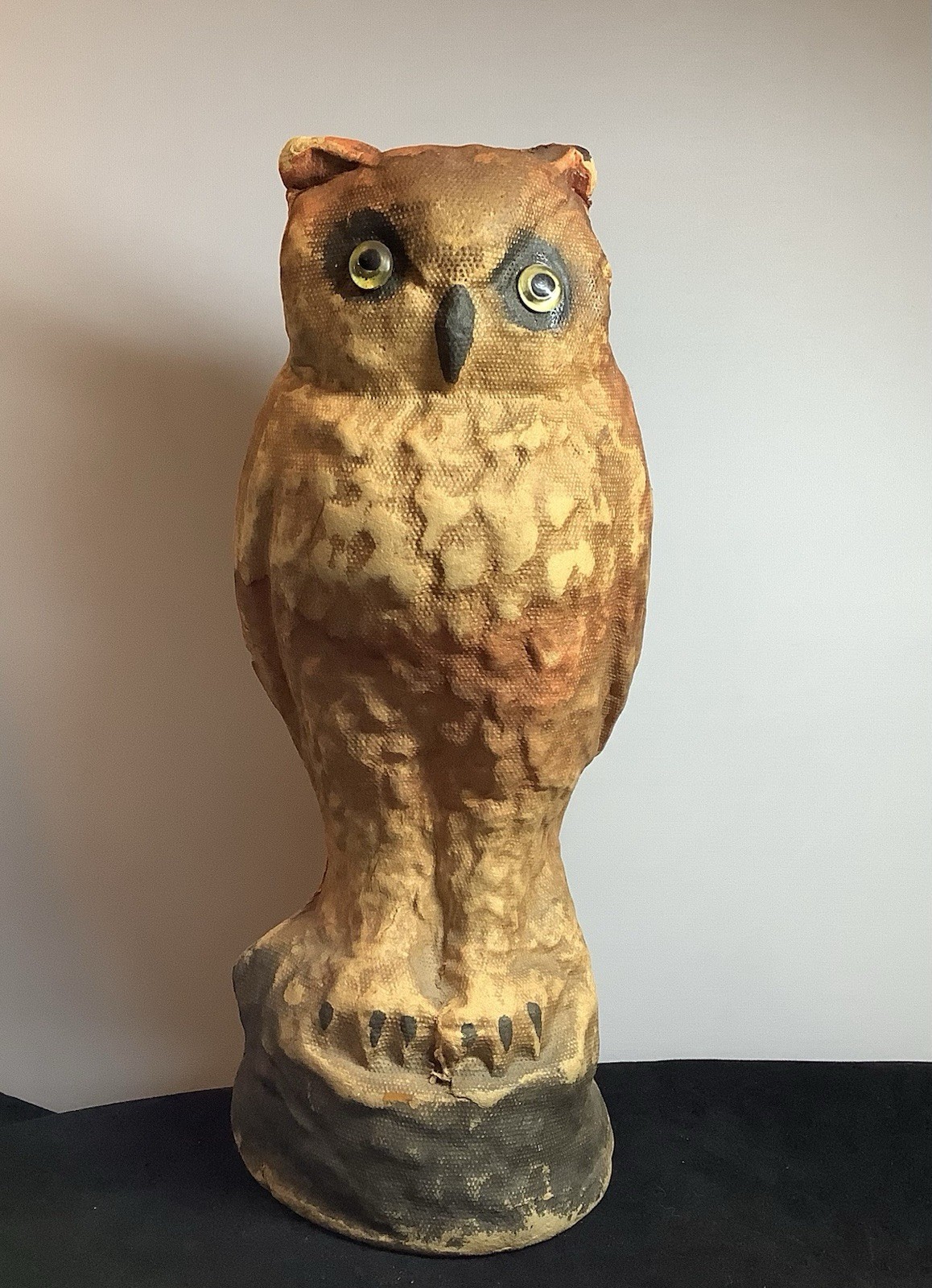Antique Pressed Paper Mache Owl w Glass Eyes 10 1/4 Inch Hand Painted Structure Antique Pressed Paper Mache Owl w Glass Eyes 10 1/4 Inch Hand Painted Structure