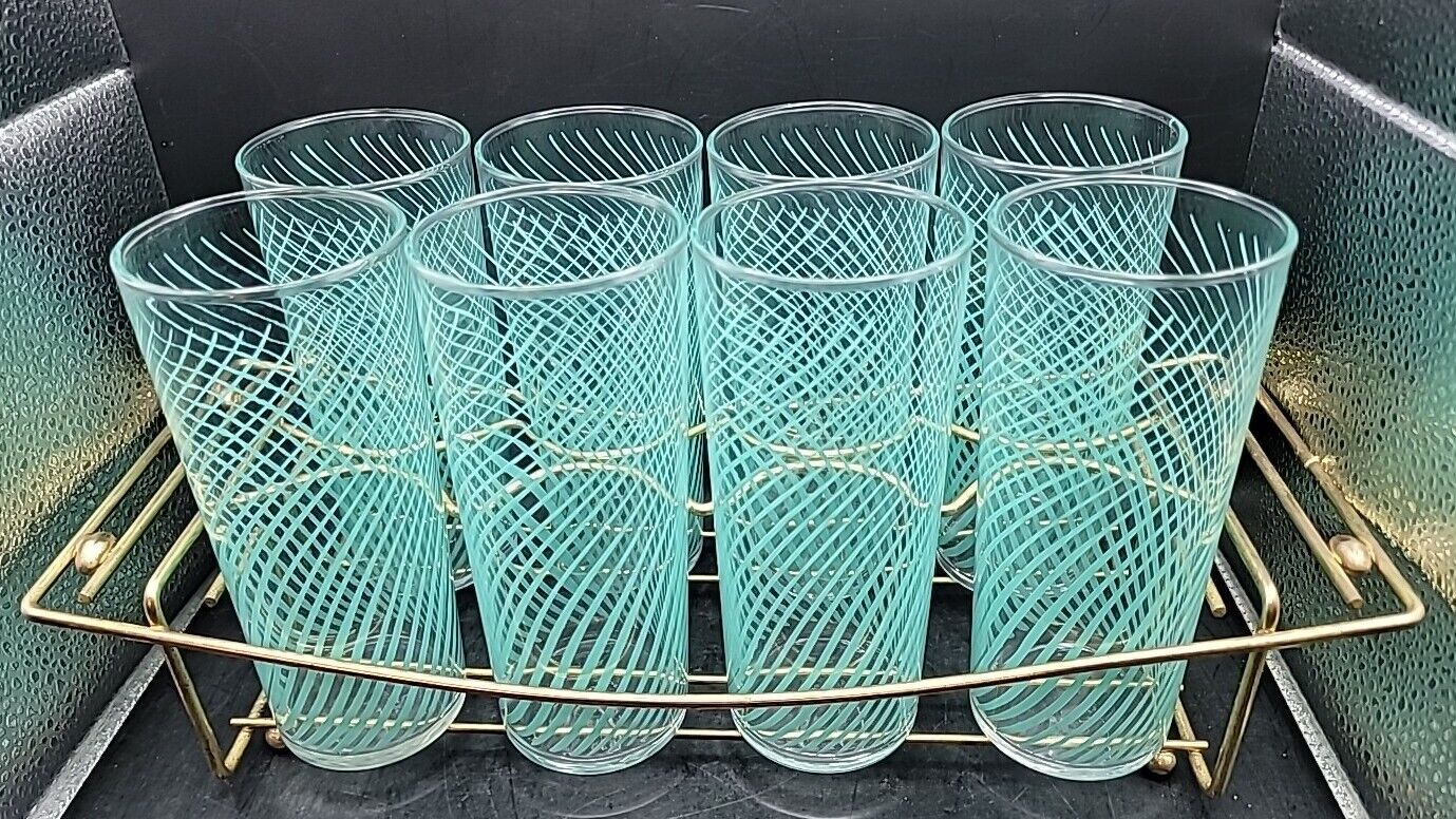 Set of 8 Vintage Libbey Teal Swirl Tumbler Tea Glasses Rare Gold Caddy Carrier