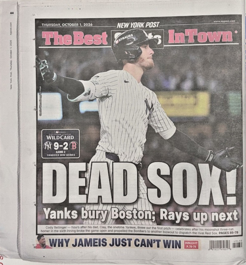 Cody Bellinger Yankees Beat Red Sox Win Wild Card New York Post 10/1/2026 Cody Bellinger Yankees Beat Red Sox Win Wild Card New York Post 10/1/2026
