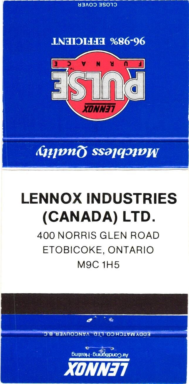 Lennox Industries (Canada) Ltd. Etobicoke Ontario Vintage Matchbook 1980s Lennox Industries (Canada) Ltd. Etobicoke Ontario Vintage Matchbook 1980s