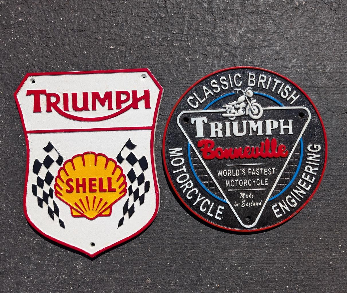 2 CAST IRON TRIUMPH MOTORCYCLE SIGNS CLASSIC BRITISH & SHELL 2 CAST IRON TRIUMPH MOTORCYCLE SIGNS CLASSIC BRITISH & SHELL