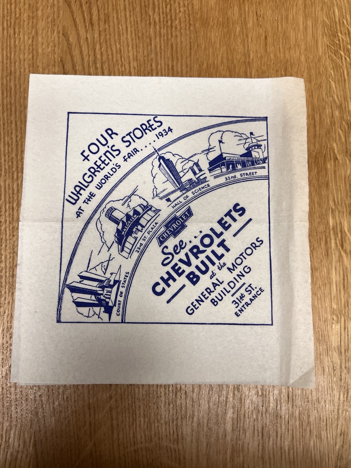 Original 1934 Chicago World’s Fair Ephemera – Walgreens Napkin - Ultra RARE