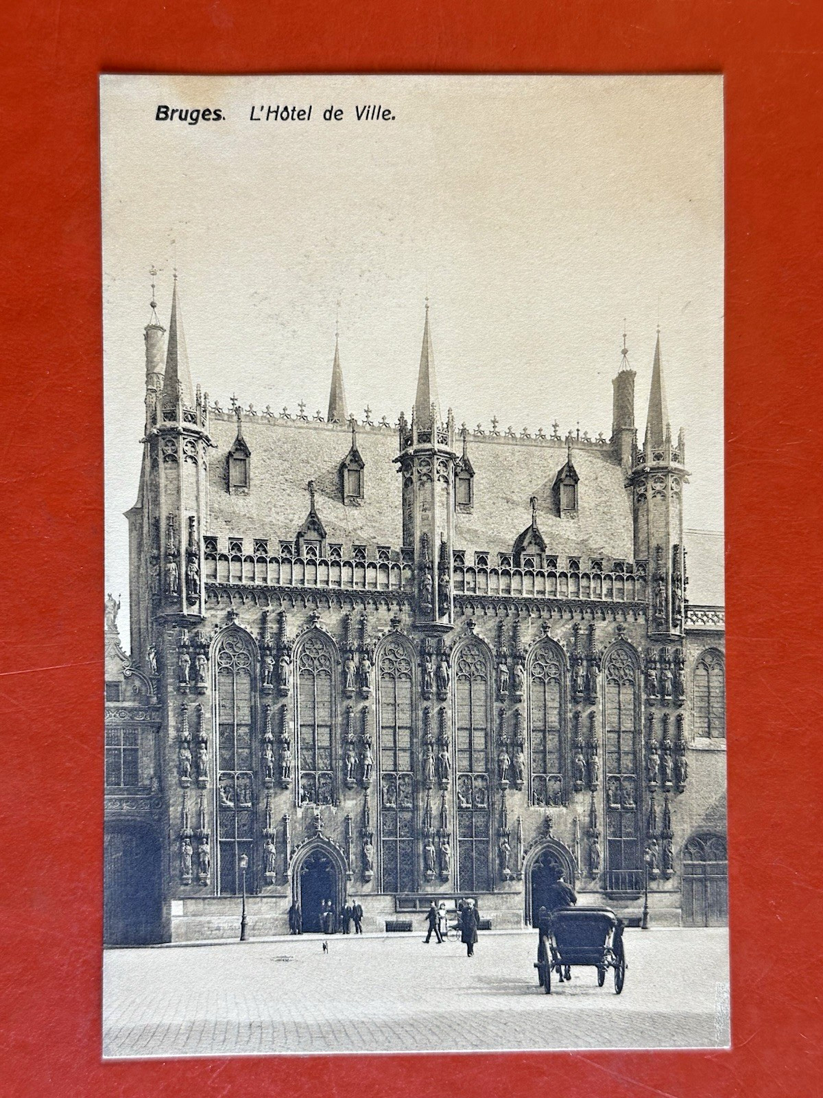 1909 BRUGES BELGIUM Antique Postcard~L\'HOTEL DE VILLE ~CITY HALL~ Horse Dog