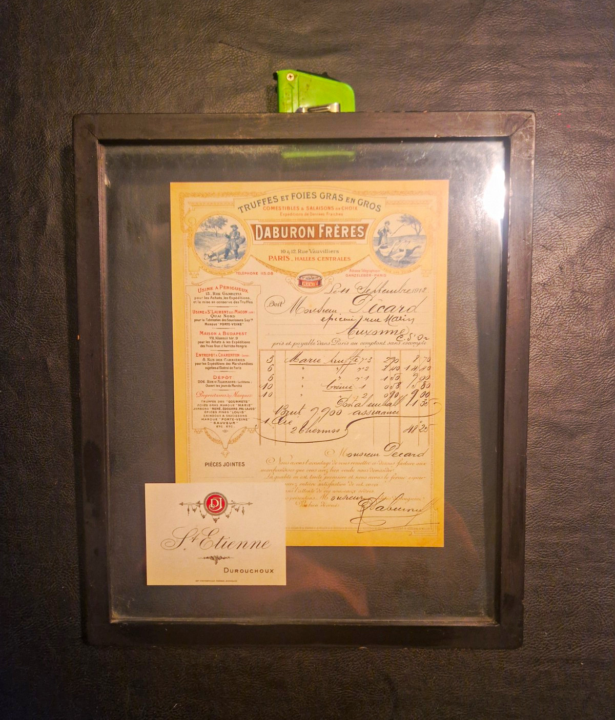 Daburon Freres Paris Framed Invoice Letterhead w/ S. Etienne Card Insert
